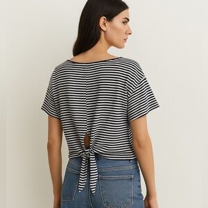ZARA Trafaluc Navy & White Striped Tie-Back Tee (S)